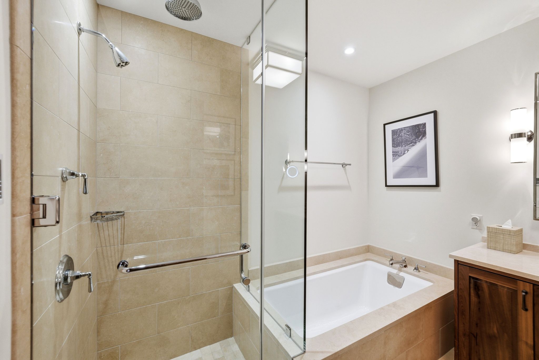 Full bathroom featuring a bath, vanity, a stall shower, and recessed lighting