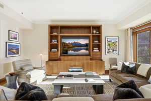 Living room featuring crown molding, wood finished floors, and built in features
