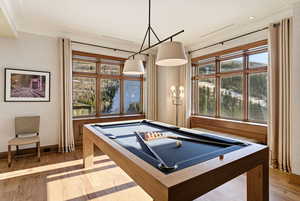 Playroom with light wood finished floors and billiards