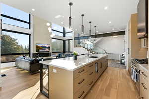Kitchen with modern cabinets, open floor plan, a spacious island, hanging light fixtures, and light stone counters