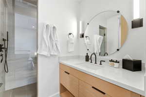 Full bath with vanity and a walk in shower