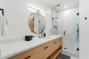 Full bath with a stall shower and vanity