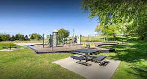 Community jungle gym with a yard