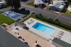 Drone / aerial view of a pool area