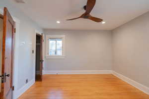 Unfurnished room featuring light wood-style flooring, recessed lighting, and a ceiling fan