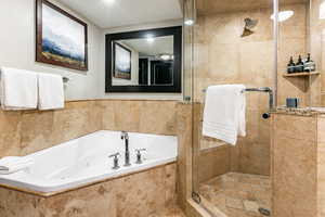 Primary bathroom with jetted tub and double vanity