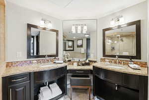 Primary en suite bathroom with soaking tub, spa shower, and double vanity