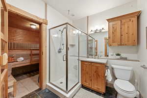 Full bathroom with a relaxing sauna, vanity, and a stall shower