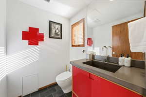 Half bath featuring vanity and dark tile patterned floors