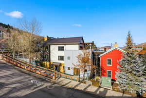 View of front facade featuring a chimney and a metal roof