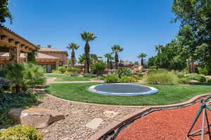 View of green lawn with a trampoline