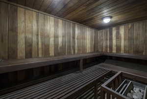 Relaxing sauna with wooden ceiling and wooden walls