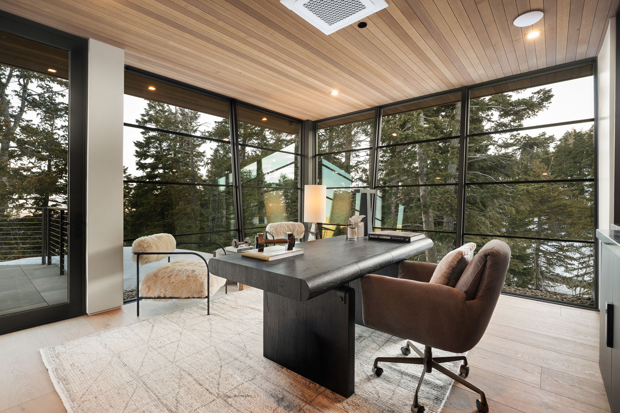 Office area featuring expansive windows, wood ceiling, light wood finished floors, healthy amount of natural light, and recessed lighting