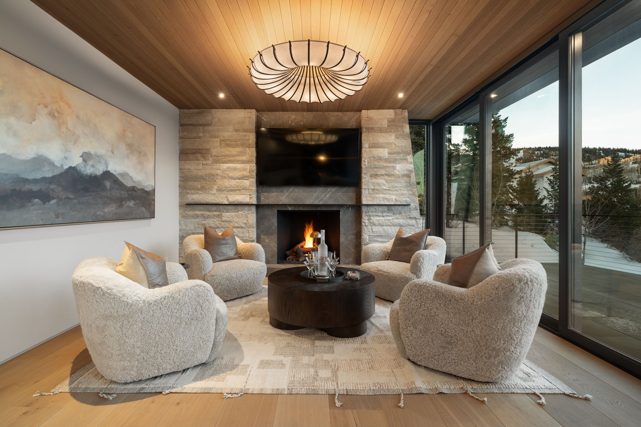 Sitting room featuring hardwood / wood-style flooring, a fireplace, wood ceiling, floor to ceiling windows, and recessed lighting