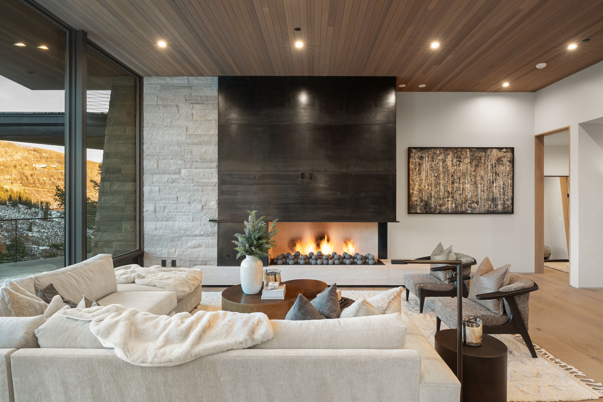 Building lobby featuring recessed lighting and wood ceiling