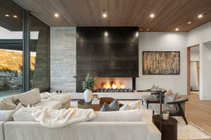 Building lobby featuring recessed lighting and wood ceiling