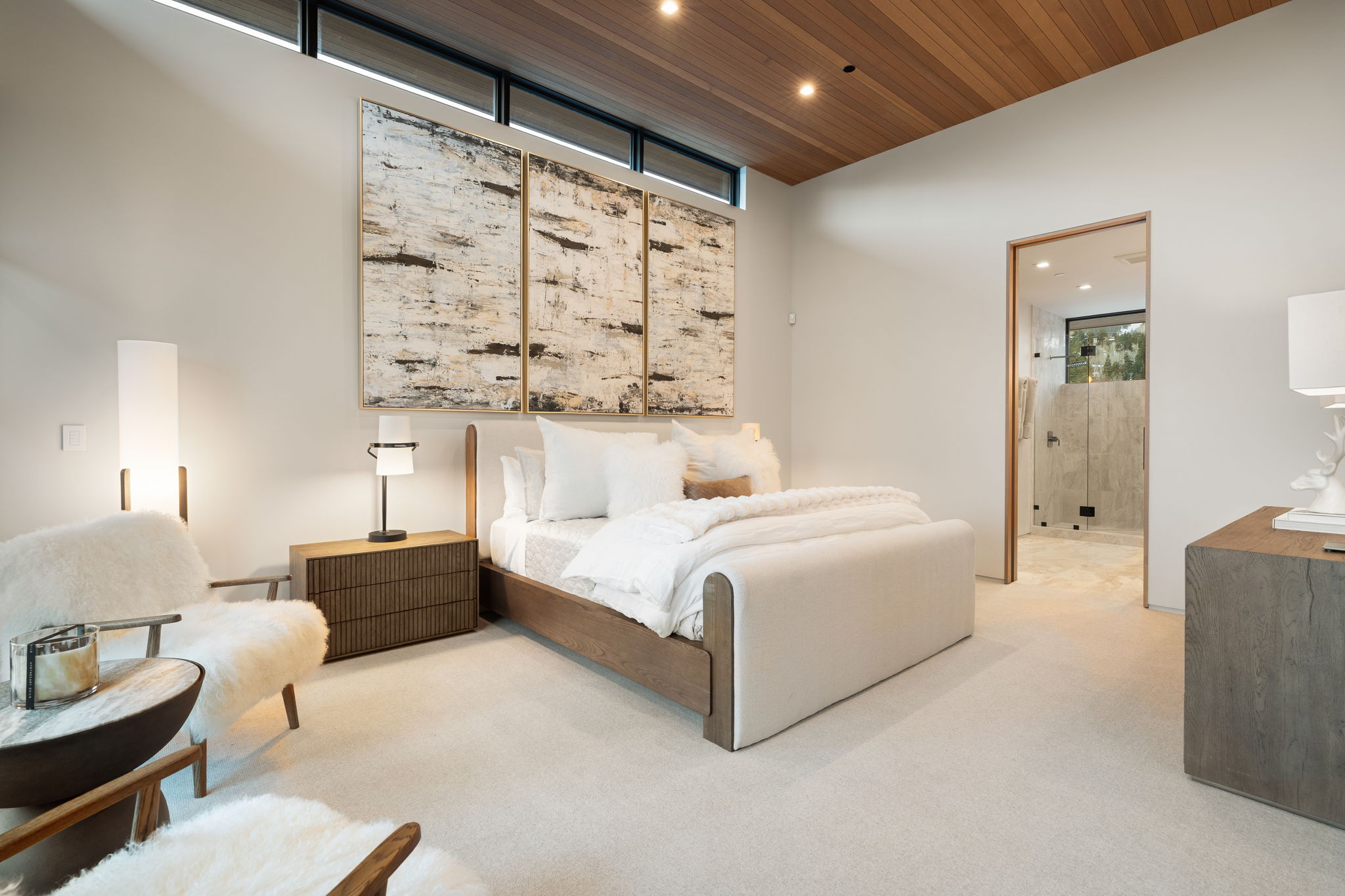 Bedroom featuring light colored carpet, wood ceiling, and recessed lighting