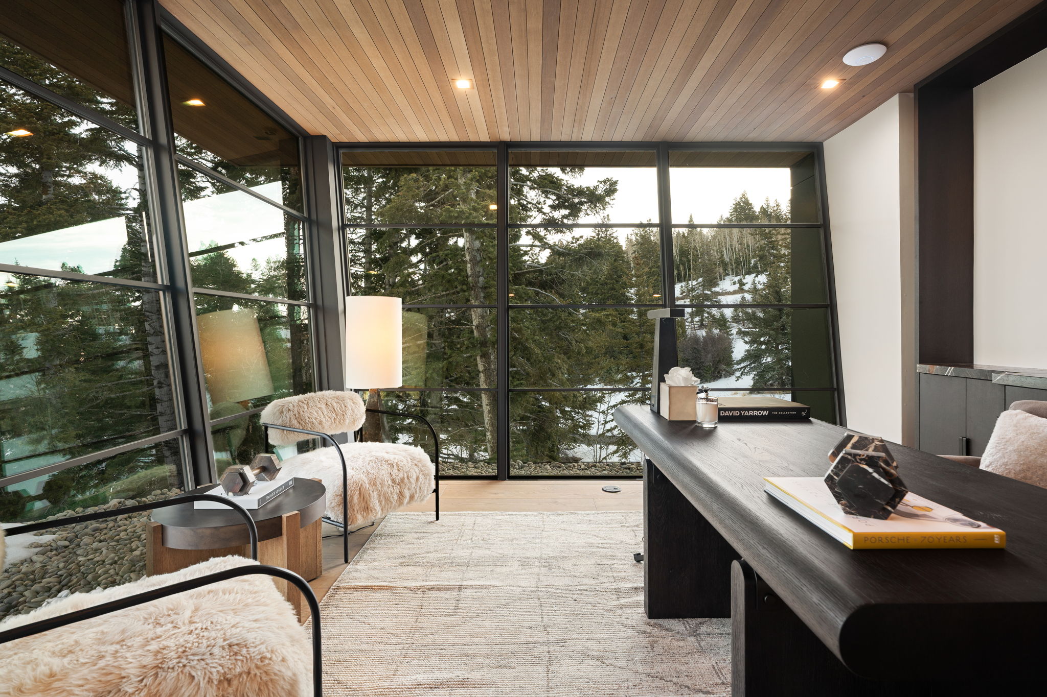 Office featuring expansive windows, recessed lighting, light wood-style flooring, and wood ceiling