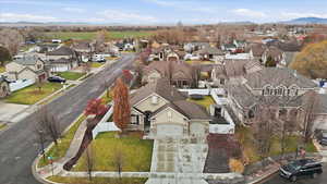 Aerial view of residential area with a mountainous background