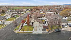 Aerial view of residential area with mountains