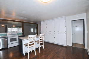 Kitchen featuring white electric range, stainless steel dishwasher, white cabinets, dark wood-style floors, and light countertops