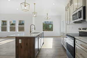 Kitchen featuring stainless steel appliances, pendant lighting, glass insert cabinets, light wood-type flooring, and an island with sink