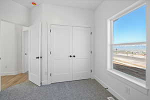 Unfurnished bedroom with light colored carpet and a closet