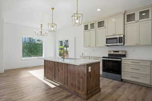 Kitchen with stainless steel appliances, a center island with sink, glass insert cabinets, hanging light fixtures, and cream cabinets