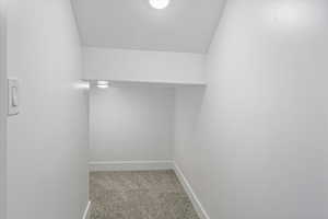 Spacious closet featuring light carpet and vaulted ceiling