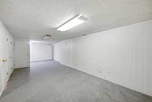 Carpeted spare room featuring a textured ceiling and wood walls