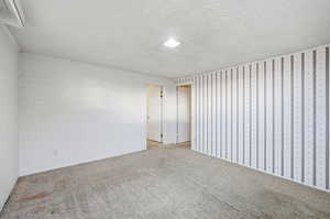 Carpeted empty room with a textured ceiling