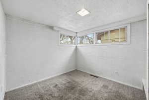 Spare room with a textured ceiling and carpet