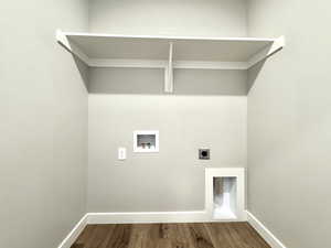 Laundry room with wood finished floors, hookup for an electric dryer, and hookup for a washing machine