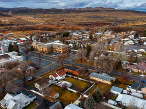 Aerial perspective of suburban area with mountains