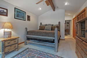 Bedroom with ceiling fan, light carpet, and recessed lighting