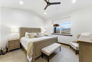 Bedroom featuring vaulted ceiling, light colored carpet, ceiling fan, and recessed lighting