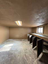 Below grade area with a textured ceiling and light carpet