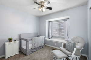 Bedroom featuring carpet, ceiling fan, and a textured ceiling