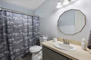 Bathroom featuring curtained shower, vanity, and wood finished floors