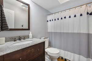 Full bathroom with curtained shower, vanity, and a skylight