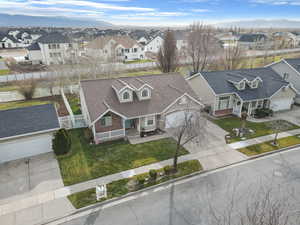 Aerial view of residential area with a mountain backdrop