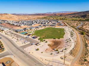Aerial view of residential area with mountains