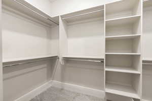 Spacious closet featuring light colored carpet