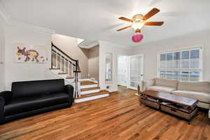 Living area featuring stairs, crown molding, a ceiling fan, and hardwood / wood-style floors