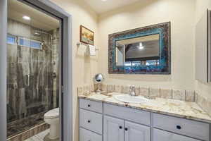 Full bathroom with vanity and a stall shower