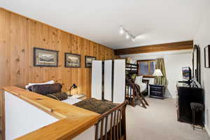 Bedroom with wooden walls, light carpet, and track lighting