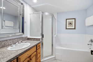 Bathroom featuring a garden tub, vanity, and a stall shower