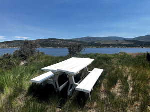 Dock area featuring a mountain view