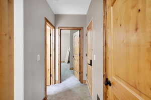 Hall featuring light carpet