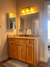Bathroom featuring vanity and dark wood-type flooring